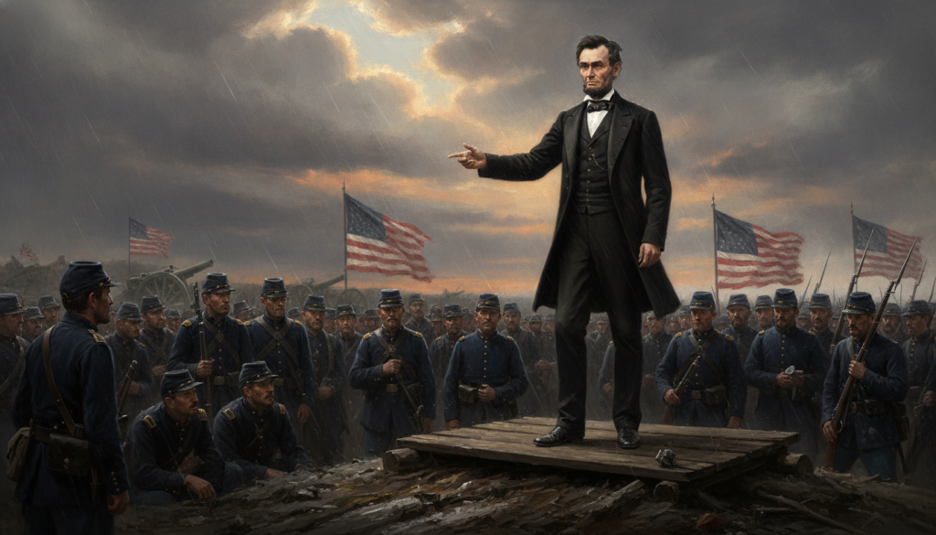 An illustration depicting Abraham Lincoln delivering a speech during the Civil War era