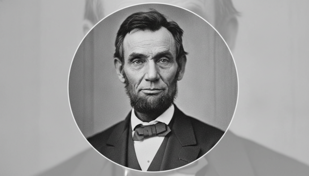 A black and white portrait of Abraham Lincoln as if part of a historical quiz