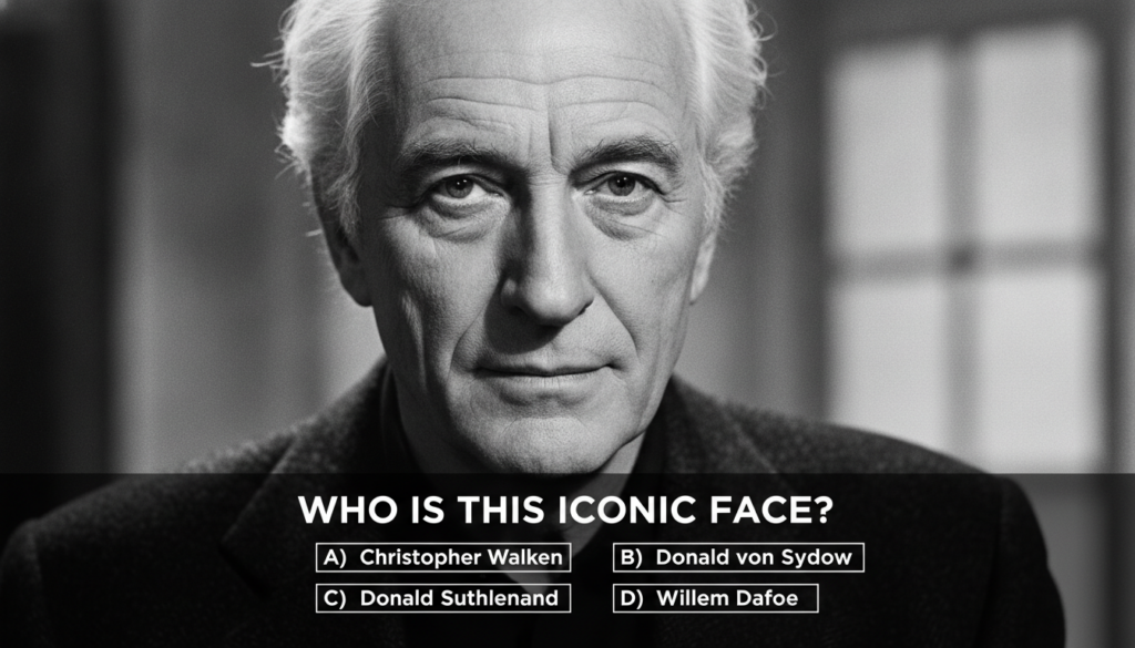 A multiple-choice quiz image featuring a black and white portrait of actor Donald Sutherland with four options listed be