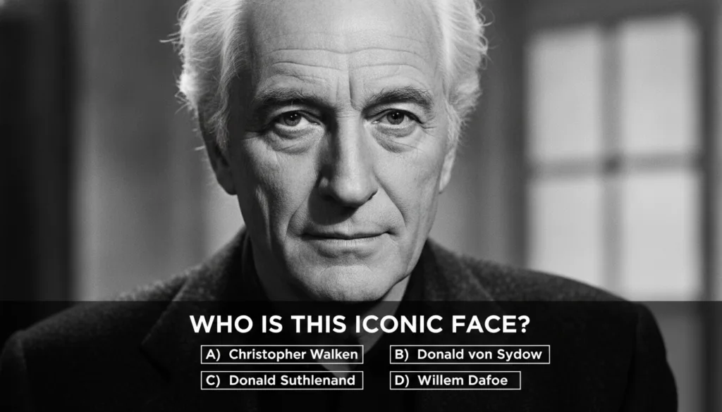 A multiple-choice quiz image featuring a black and white portrait of actor Donald Sutherland with four options listed be