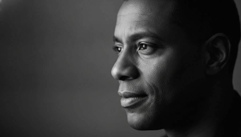 A black and white close-up profile shot of Denzel Washington s face with the left half of his face obscured or shadowed 