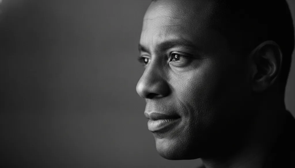 A black and white close-up profile shot of Denzel Washington s face with the left half of his face obscured or shadowed 