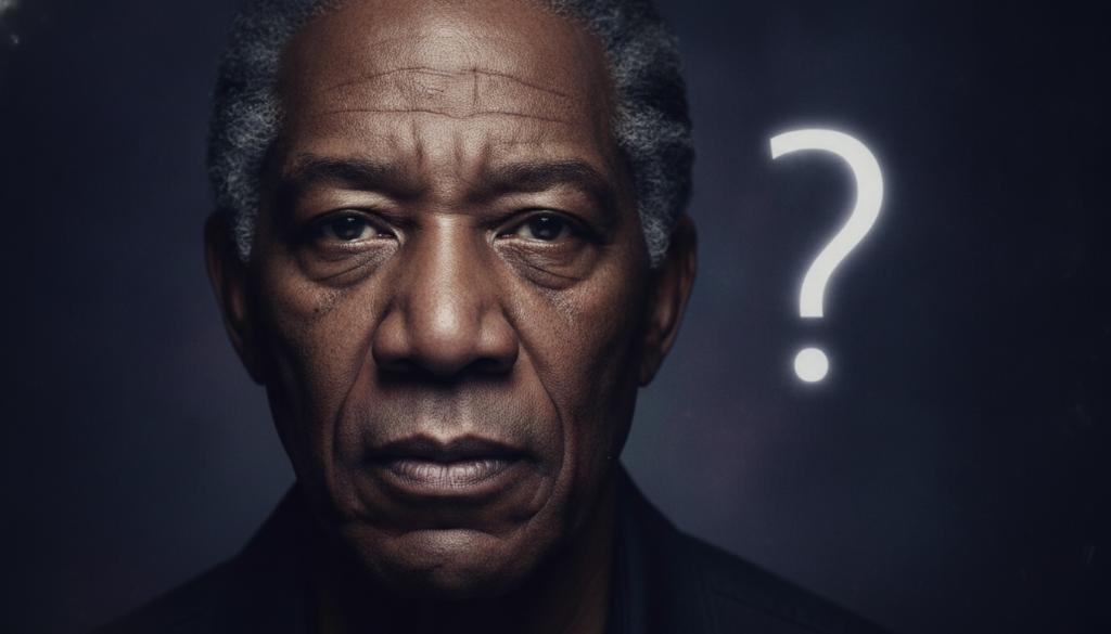 A quiz image showing a close-up of Morgan Freeman s face with his eyes subtly obscured or blurred alongside a question m