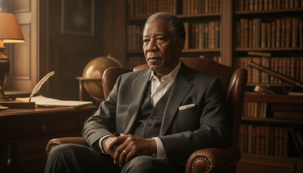 Morgan Freeman in a contemplative pose perhaps from a movie set or a promotional shoot showcasing his iconic look