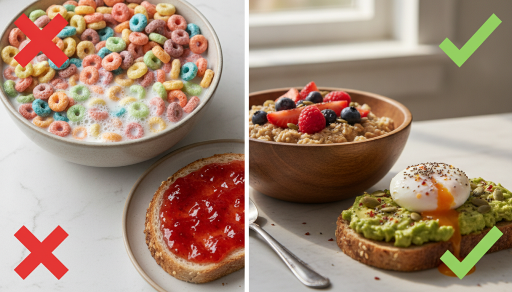 A dynamic split image showing breakfast mistakes on one side e g sugary cereal white toast crossed out in red and better