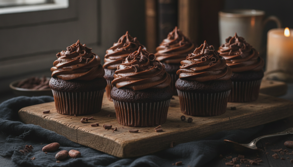 Rich dark chocolate cupcakes topped with a generous swirl of chocolate buttercream and chocolate shavings