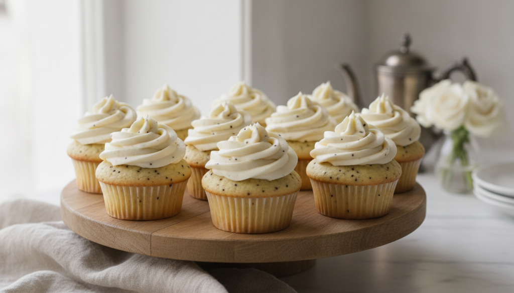 Fluffy vanilla bean cupcakes with visible vanilla specks topped with a smooth white vanilla bean buttercream and a subtl