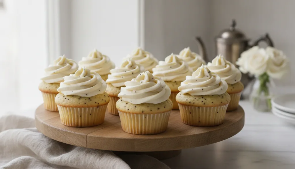 Fluffy vanilla bean cupcakes with visible vanilla specks topped with a smooth white vanilla bean buttercream and a subtl