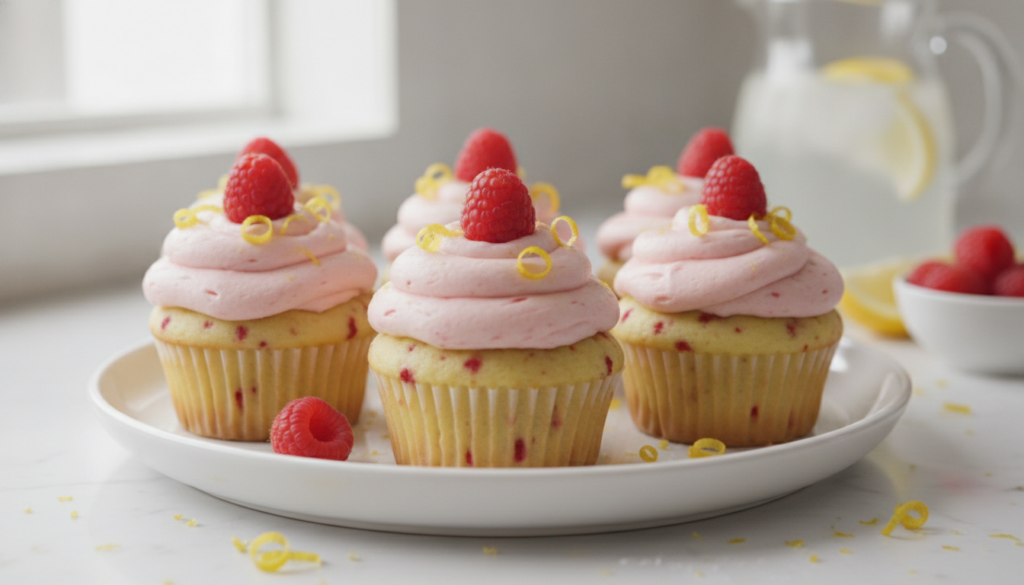 Bright yellow lemon raspberry cupcakes topped with raspberry buttercream and fresh raspberries