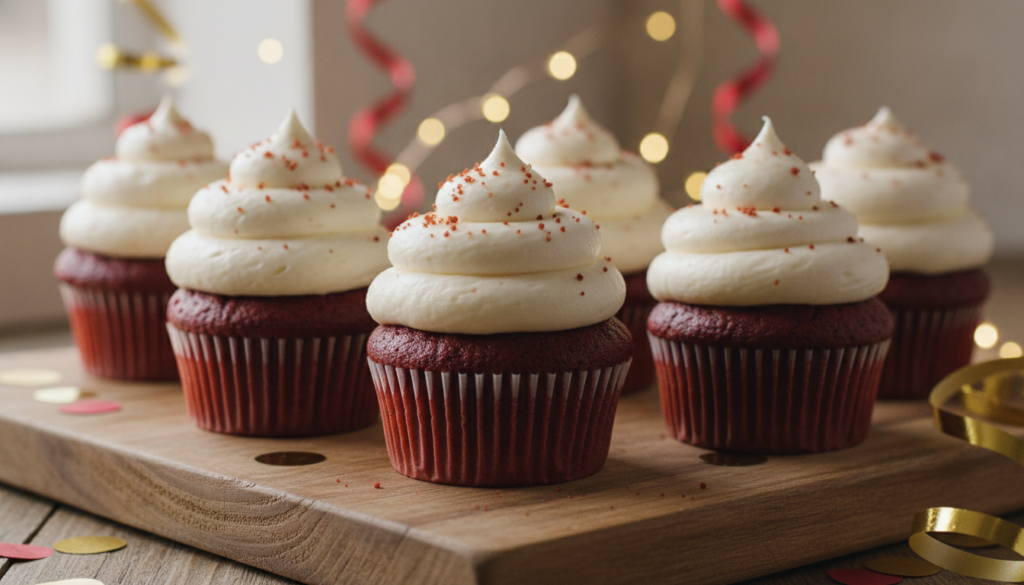 Vibrant red velvet cupcakes topped with classic white cream cheese frosting and a sprinkle of red cake crumbs