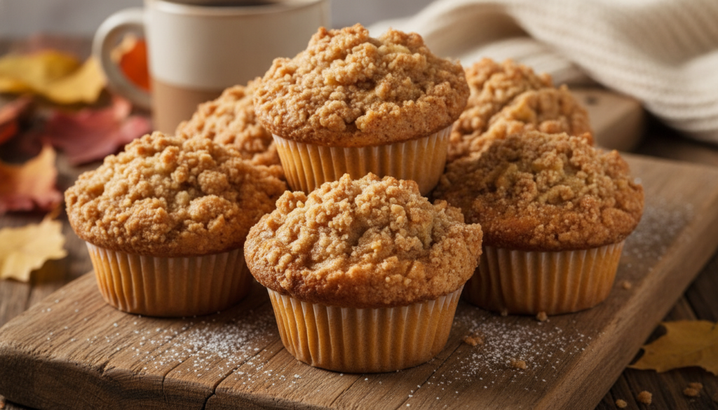 Warm golden-brown apple cinnamon streusel muffins with a crumbly topping served on a rustic wooden board