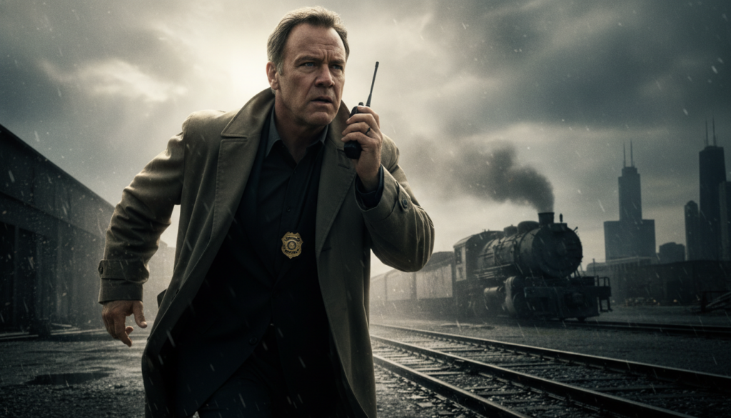 A movie poster or film still from The Fugitive featuring Tommy Lee Jones s character U S Marshal Samuel Gerard looking d