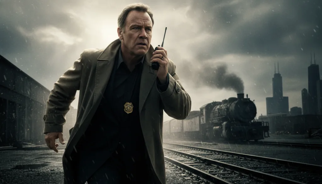 A movie poster or film still from The Fugitive featuring Tommy Lee Jones s character U S Marshal Samuel Gerard looking d