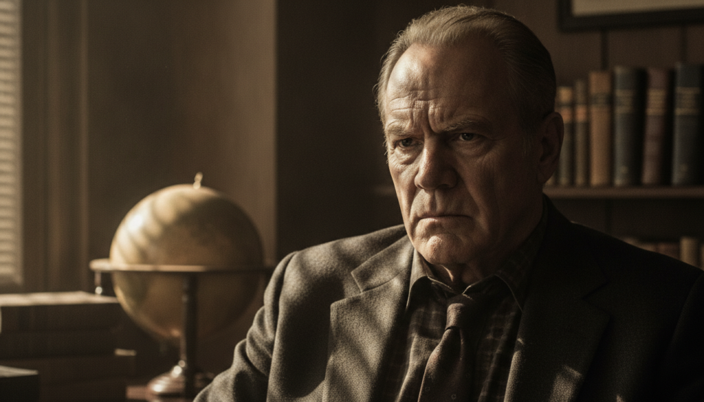 Tommy Lee Jones in a serious iconic role perhaps from No Country for Old Men or The Fugitive reflecting his intense acti