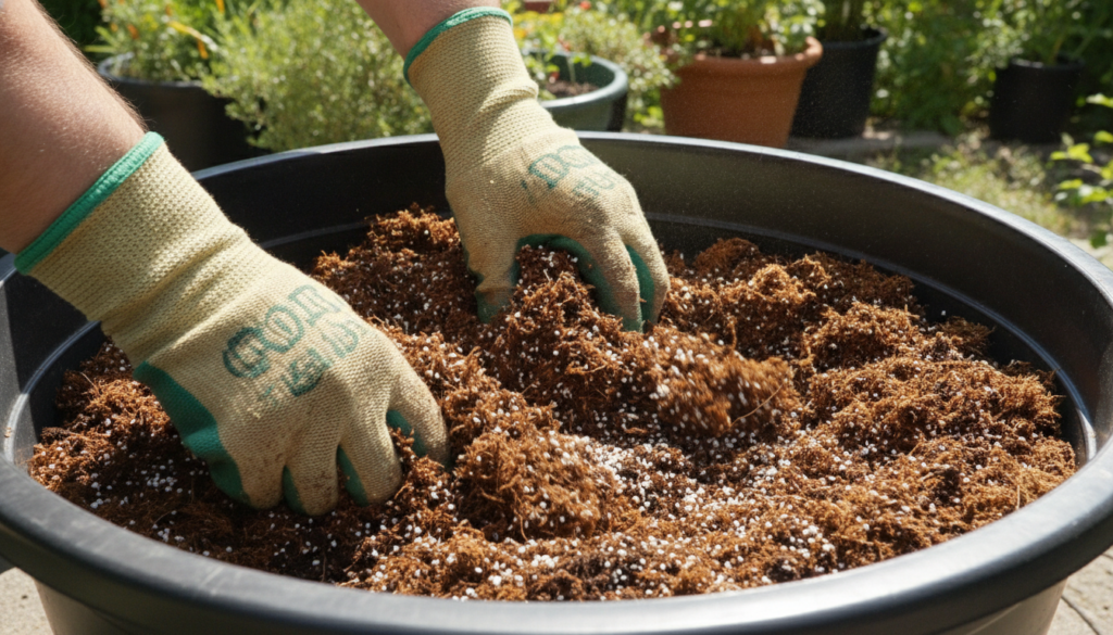 A close-up of hands mixing various components of a potting mix in a large tub or wheelbarrow showing peat moss perlite a
