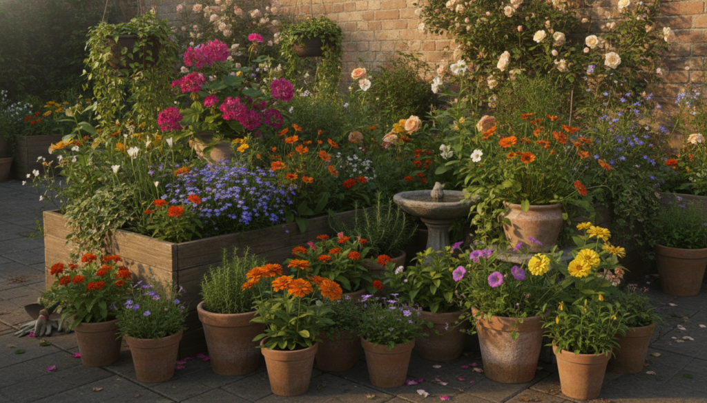 A vibrant container garden with various healthy plants growing in pots showcasing lush foliage and colorful flowers illu