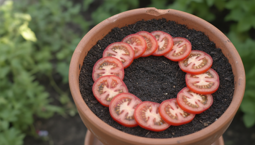 A close-up shot of several ripe tomato slices laid out on top of moist potting soil in a terracotta pot ready to be cove