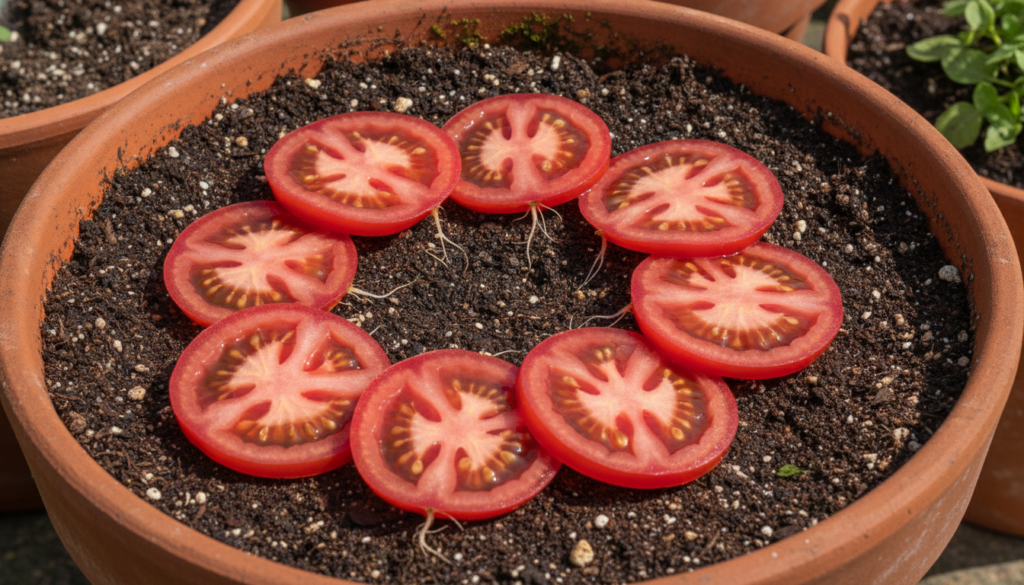A close-up shot of a ripe red tomato sliced into thin rounds ready for planting lying on a bed of fresh potting soil in