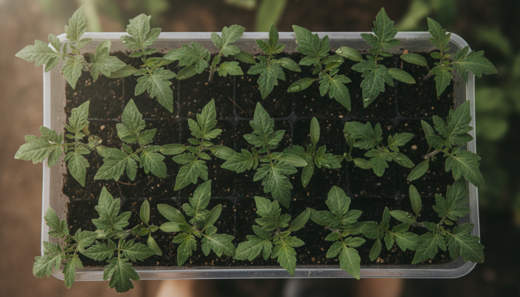 Small vibrant tomato seedlings growing strong in a seed tray showing multiple sets of true leaves ready for thinning or