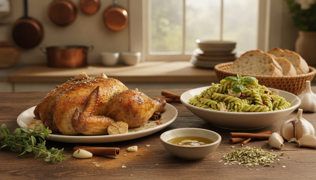 A vibrant healthy meal featuring garlic oregano and cinnamon Perhaps a Mediterranean dish a herbal tea or a spice-infuse