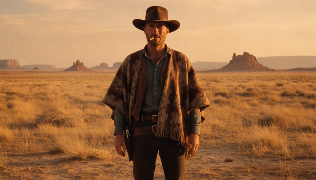 Clint Eastwood as The Man with No Name in a spaghetti western wearing a poncho and cowboy hat with a serious expression