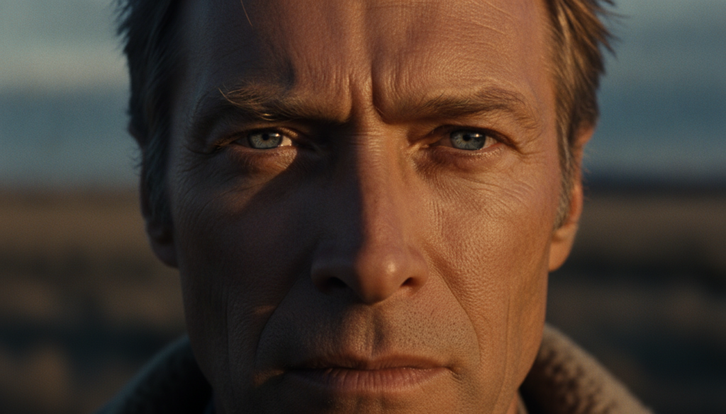 A close-up of Clint Eastwood s intense blue eyes and furrowed brow conveying quiet confidence and toughness