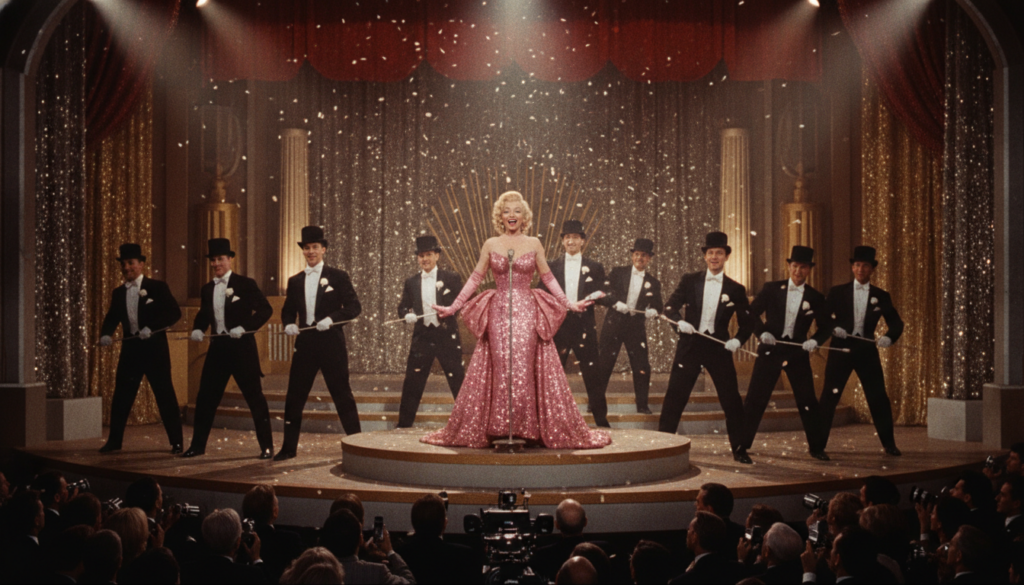A vintage film still of Marilyn Monroe performing in a musical number perhaps from Gentlemen Prefer Blondes showcasing h
