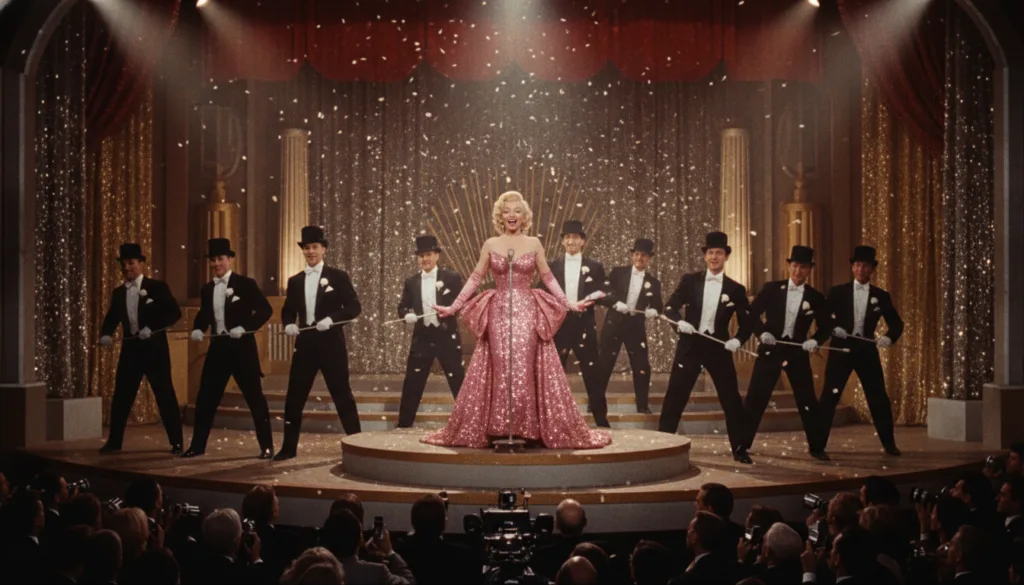A vintage film still of Marilyn Monroe performing in a musical number perhaps from Gentlemen Prefer Blondes showcasing h