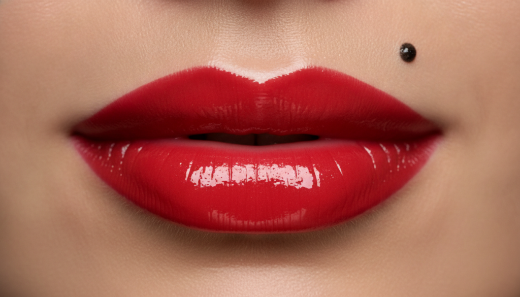 A close-up image showing only a woman s glossy red lips and a distinct beauty mark above them creating a minimalist yet 