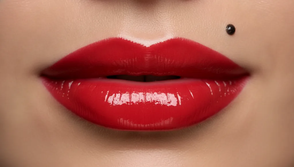 A close-up image showing only a woman s glossy red lips and a distinct beauty mark above them creating a minimalist yet 