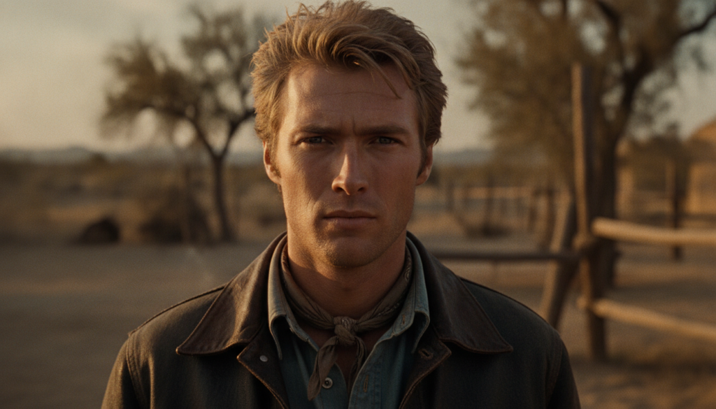 A striking portrait of a young Clint Eastwood with his signature intense stare perhaps from his Man with No Name era