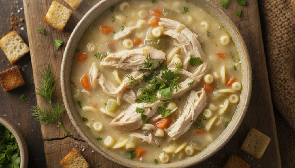 A bowl of creamy chicken soup with visible shredded chicken pieces and a hint of herbs on a wooden board