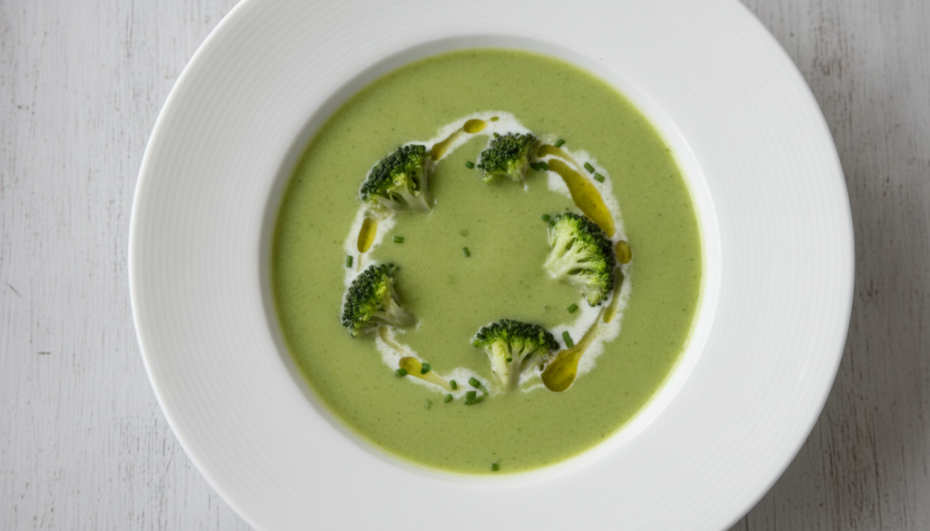 A vibrant green bowl of creamy broccoli soup garnished with small broccoli florets on a light background