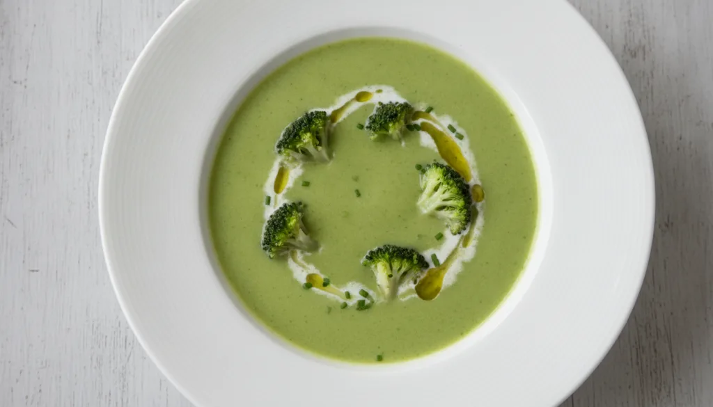 A vibrant green bowl of creamy broccoli soup garnished with small broccoli florets on a light background