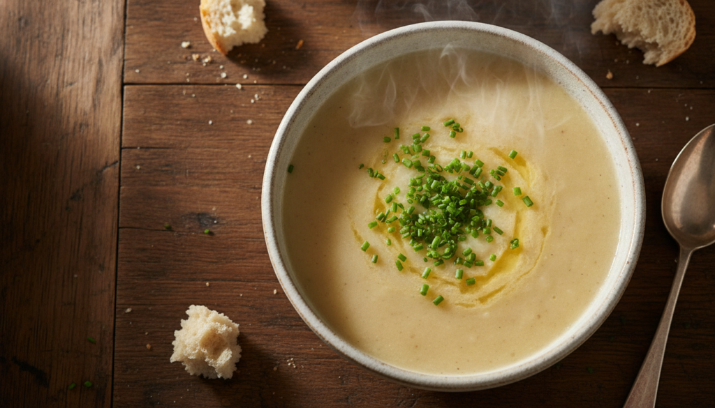 A steaming bowl of creamy potato soup topped with fresh chives in a rustic bowl on a wooden surface