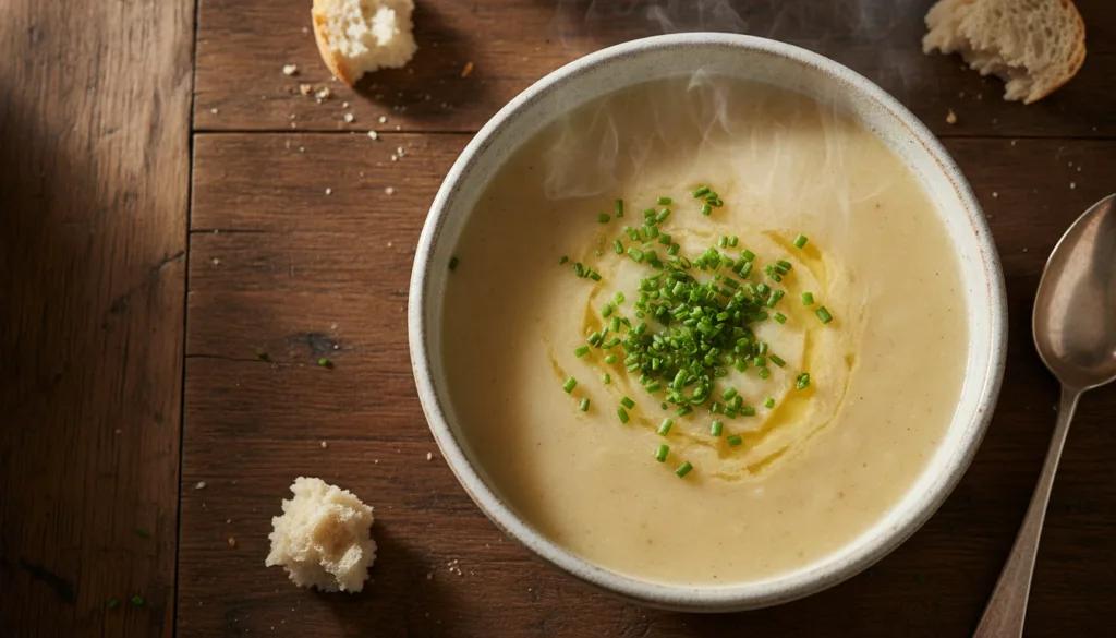 A steaming bowl of creamy potato soup topped with fresh chives in a rustic bowl on a wooden surface