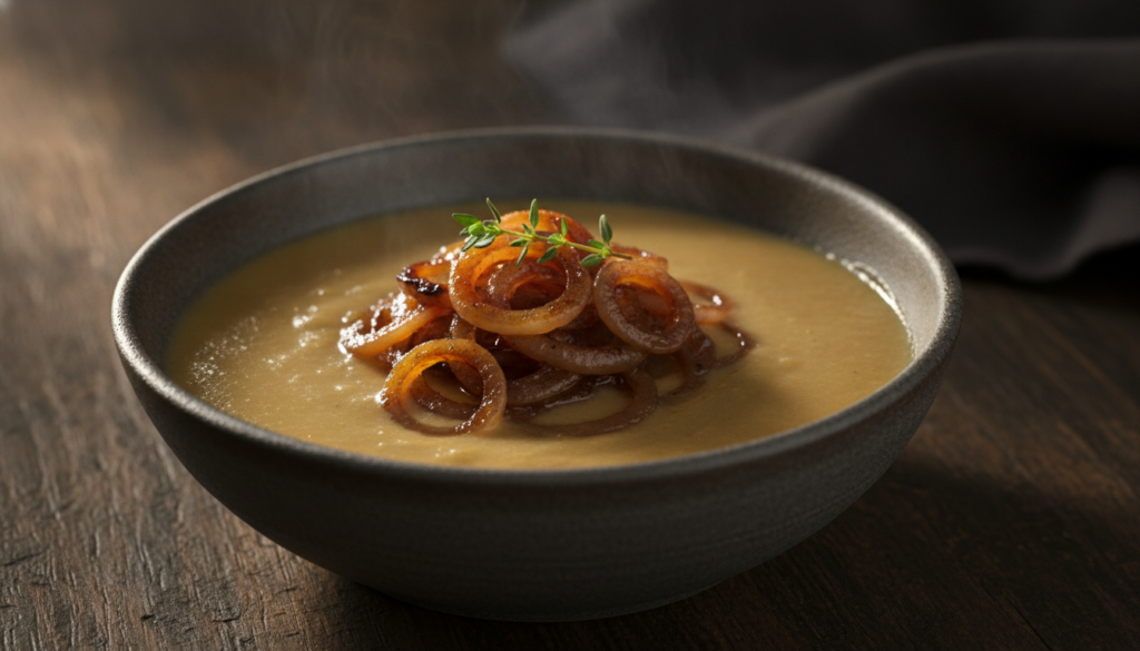 A bowl of golden cream of onion soup garnished with caramelized onion rings and fresh thyme on a dark background