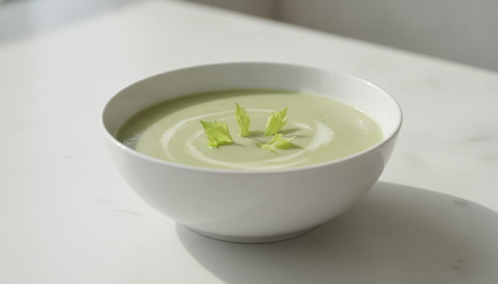 A light green bowl of creamy celery soup garnished with small celery leaves on a clean white surface