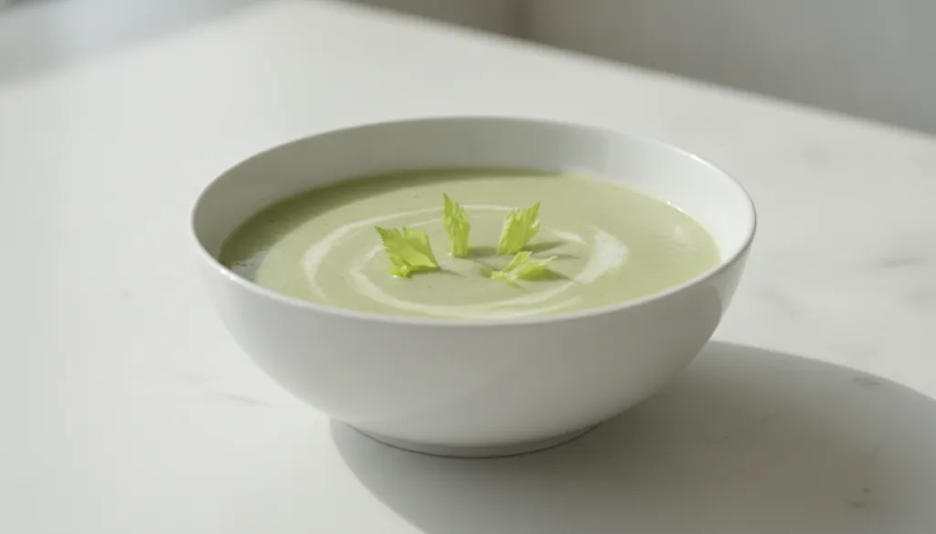 A light green bowl of creamy celery soup garnished with small celery leaves on a clean white surface