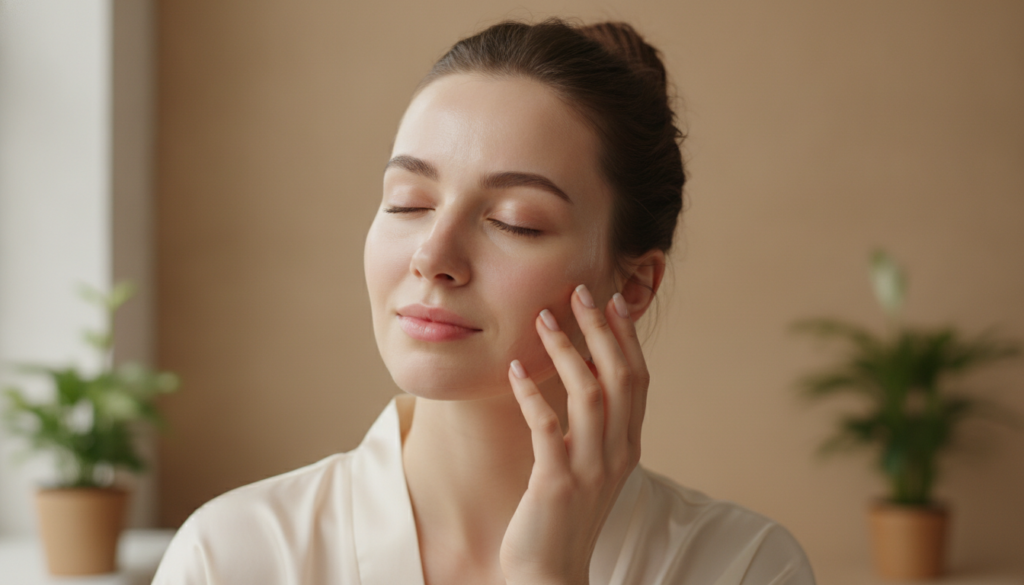 A woman gently touching her smooth radiant face after applying a beauty mask Her skin appears soft and glowing with a fr
