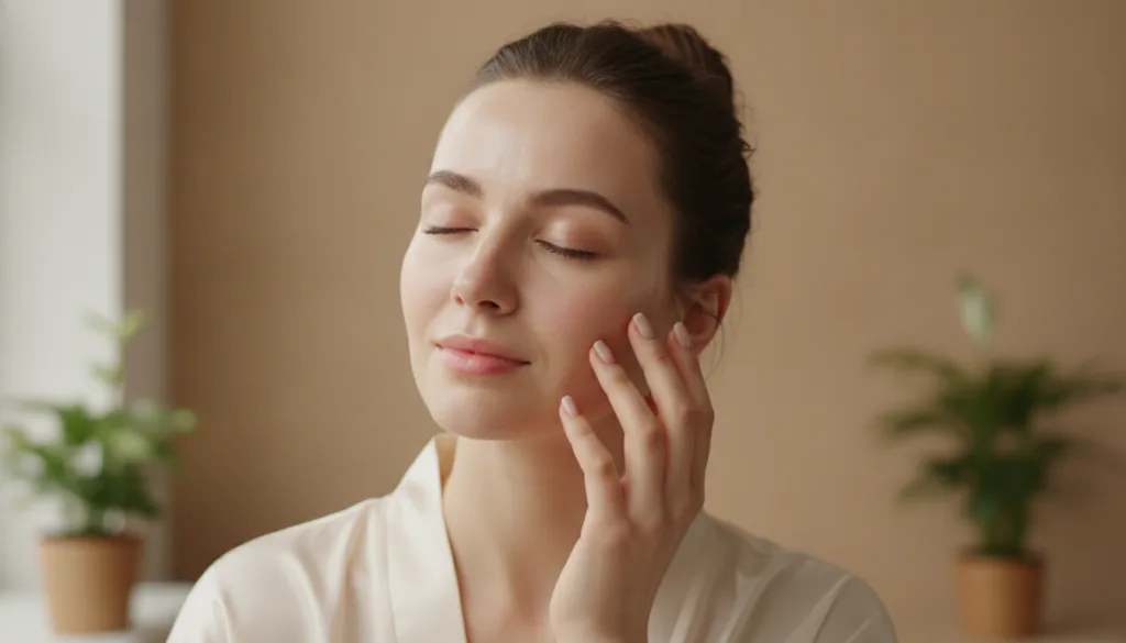 A woman gently touching her smooth radiant face after applying a beauty mask Her skin appears soft and glowing with a fr