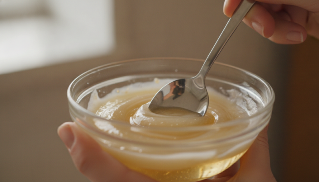 Close-up of a hand mixing crushed aspirin paste with baby oil in a small glass bowl using a spoon creating a smooth gel-