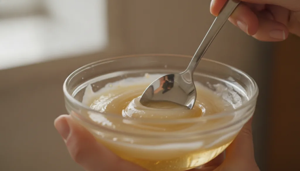 Close-up of a hand mixing crushed aspirin paste with baby oil in a small glass bowl using a spoon creating a smooth gel-