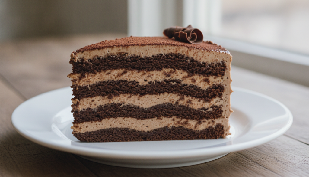 A rich slice of Classic Chocolate Icebox Cake showing alternating layers of dark chocolate wafers and creamy chocolate f