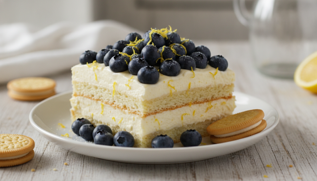 A square slice of Lemon Blueberry Icebox Cake showing layers of lemon cookies and creamy lemon filling topped with fresh