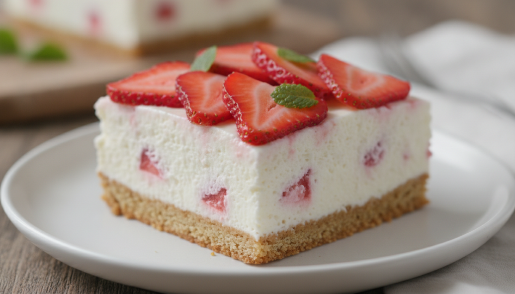 A square slice of Strawberry Cheesecake Icebox Cake featuring a graham cracker crust creamy white filling and fresh stra