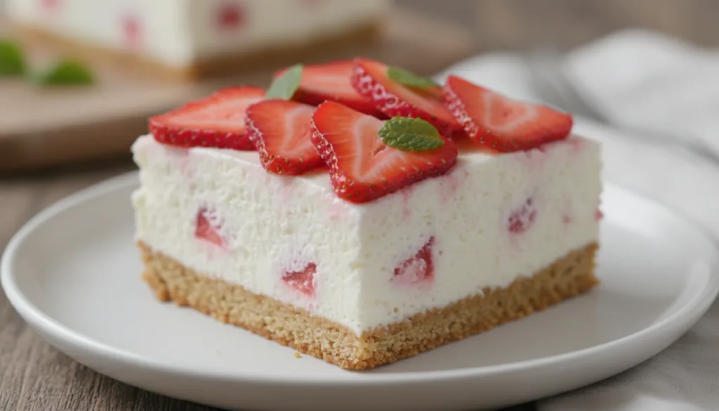 A square slice of Strawberry Cheesecake Icebox Cake featuring a graham cracker crust creamy white filling and fresh stra