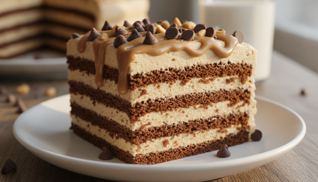 A slice of Chocolate Peanut Butter Icebox Cake featuring chocolate cookie layers and a creamy peanut butter filling garn