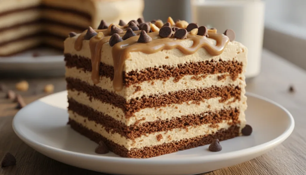 A slice of Chocolate Peanut Butter Icebox Cake featuring chocolate cookie layers and a creamy peanut butter filling garn