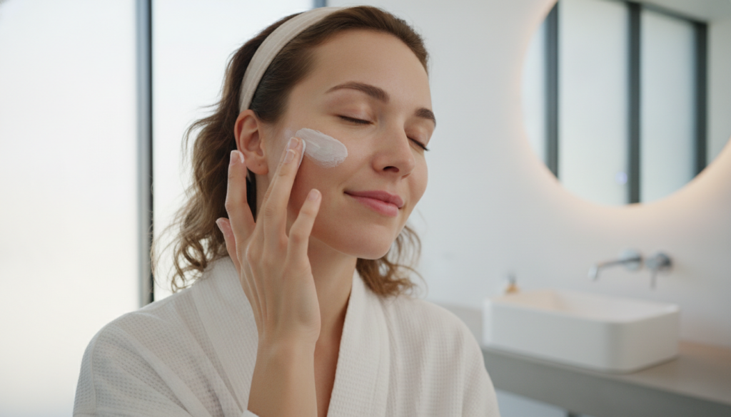 A woman gently applying a thin layer of the aspirin and baby oil paste to her cheek with her fingertips in a brightly li